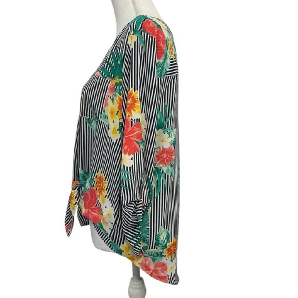 Ruby Rd Tie Up Top High Low 3/4 Sleeve Tropical Black White Stripe Petite Large - Picture 6 of 16